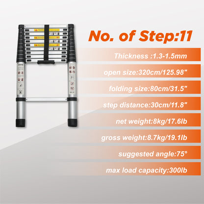 Telescoping Ladder 10.5FT, Telescopic Extension Ladder, Aluminum Alloy Folding Ladder Portable Multi-Purpose for Indoor Outdoor Work, Heavy Duty 300 lbs Load