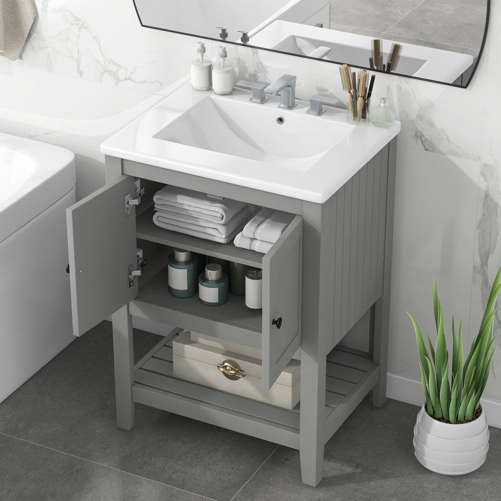 24" Bathroom Vanity Base Only, Soild Wood Frame, Bathroom Storage Cabinet with Doors and Open Shelf, Grey