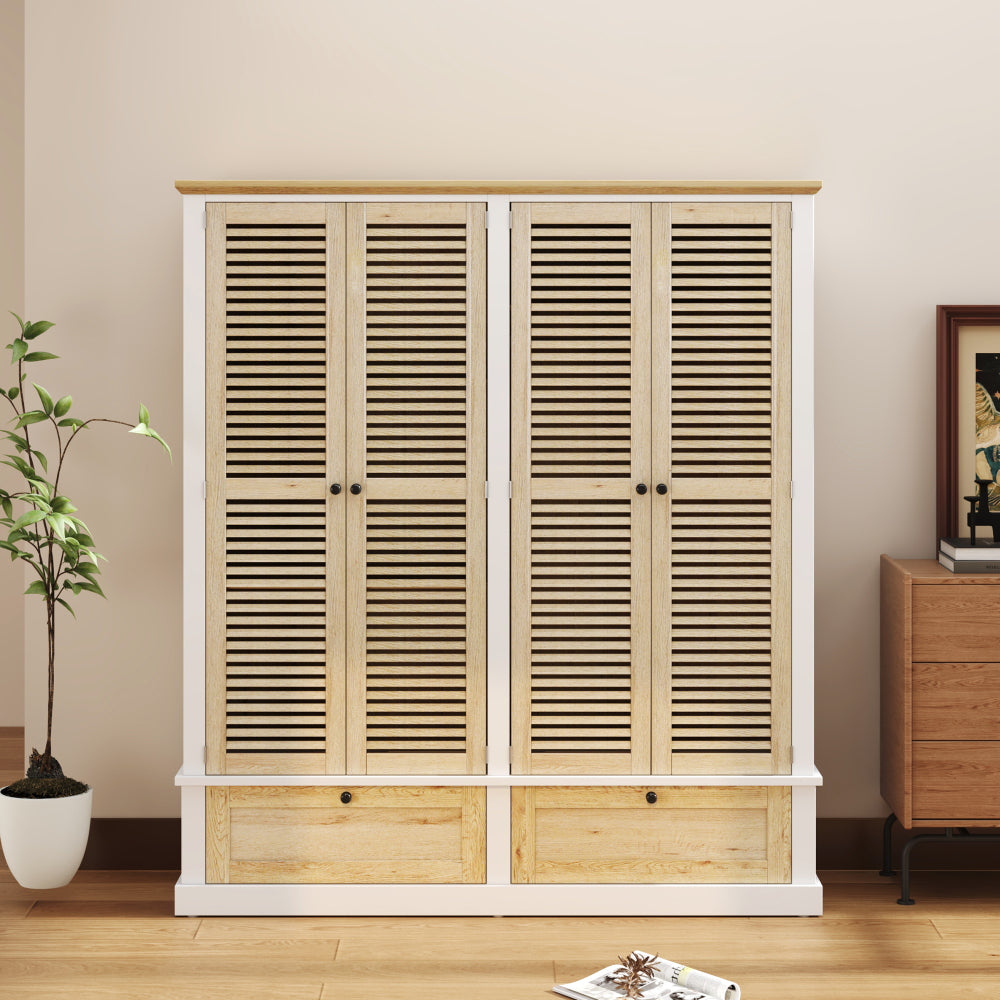 4 Shutter Door Wardrobe Armoire Closet with 2 Drawers, Natural+White