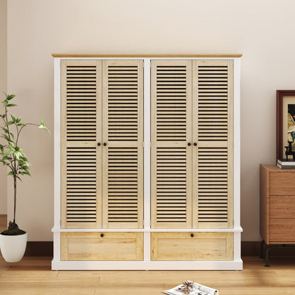 4 Shutter Door Wardrobe Armoire Closet with 2 Drawers, Natural+White
