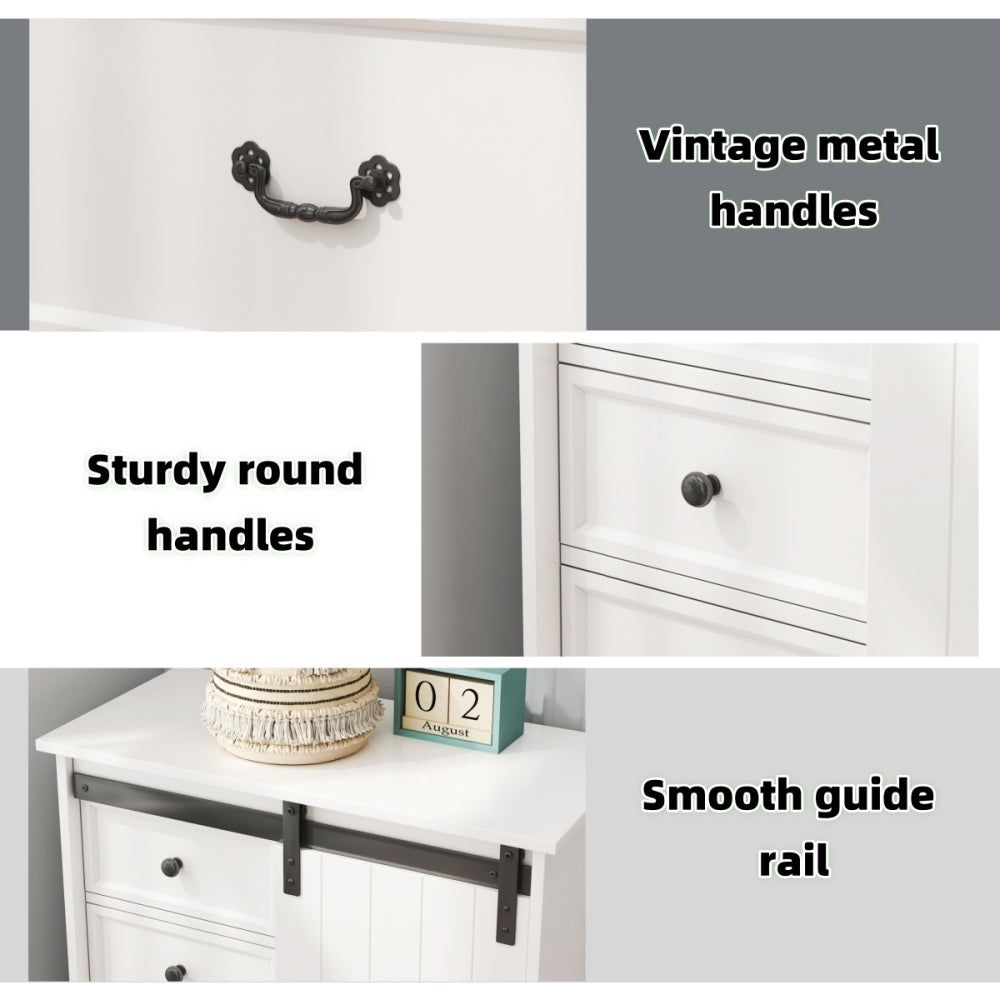 51'' Farmhouse Drawer Chest with Sliding Door, Multi-Storage Drawer Dresser with 5 Drawers and Storage Shelf, Tall Chest of Drawers with Adjustable Shelves for Bedroom, Living room