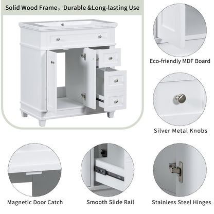 30" Bathroom Vanity Cabinet with Sink Combo Set, Undermount Resin Sink, Free Standing Vanity Set with 2 Drawers& Soft Closing Doors, Solid Wood Frame Bathroom Cabinet, White (Same as SW000132AAK)