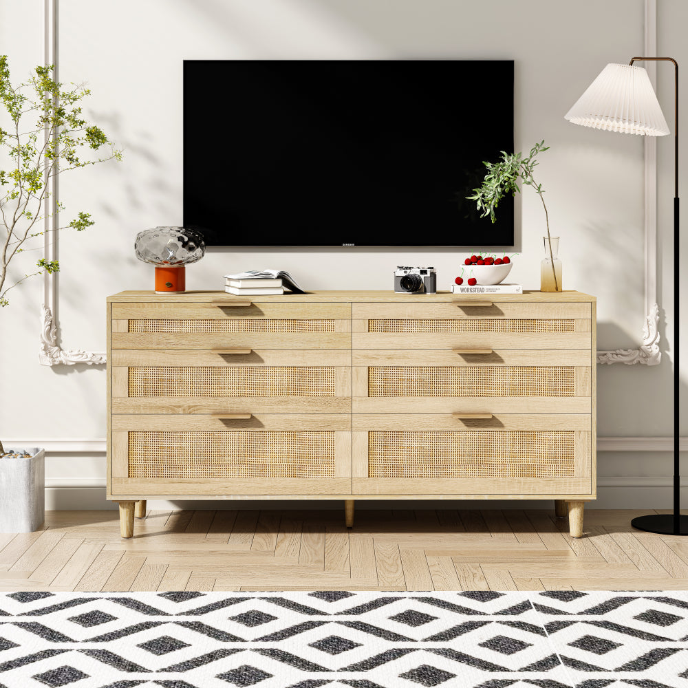 59" Rattan Dresser with Drawers, 6 Drawer Dresser for Bedroom, Clothes Storage Cabinet for Bedroom, Metal Handle&Wood Legs for Hallway, Living Room, Bedroom,White