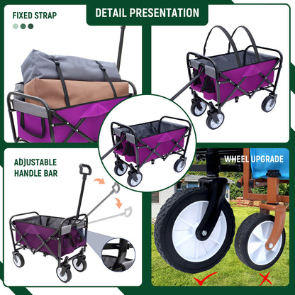 Minimeetall Strap , Collapsible Foldable Wagon Cart with strapping system Beach Wagon , Utility Cart , Utility Wagon Grocery Cart for Camping Shopping Sports Gardeing Fishing Supports 225lbs purple