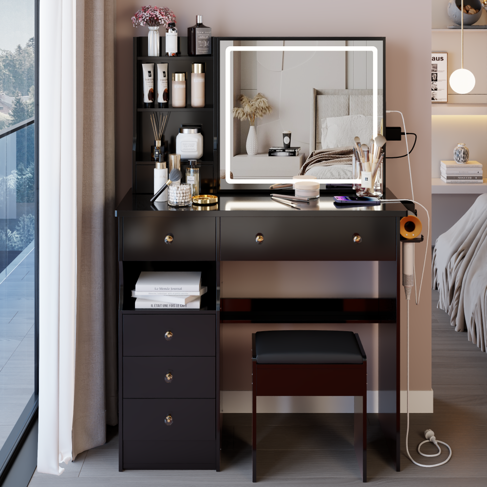 37" Middle Size Left Drawer Desktop Vanity Table + Cushioned Stool Dresser Set, 2 AC+2 USB Socket, Hair Dryer Stand, Large Touch Control LED Sliding Mirror, 3-color Switch, EPA, GCC, UL Certificate