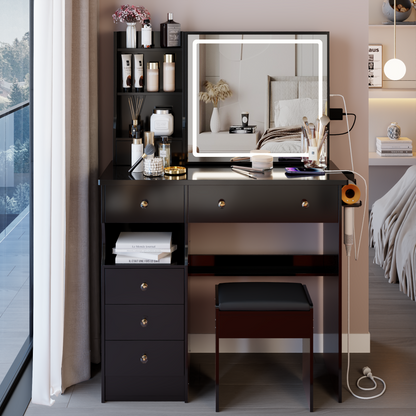 37" Middle Size Left Drawer Desktop Vanity Table + Cushioned Stool Dresser Set, 2 AC+2 USB Socket, Hair Dryer Stand, Large Touch Control LED Sliding Mirror, 3-color Switch, EPA, GCC, UL Certificate