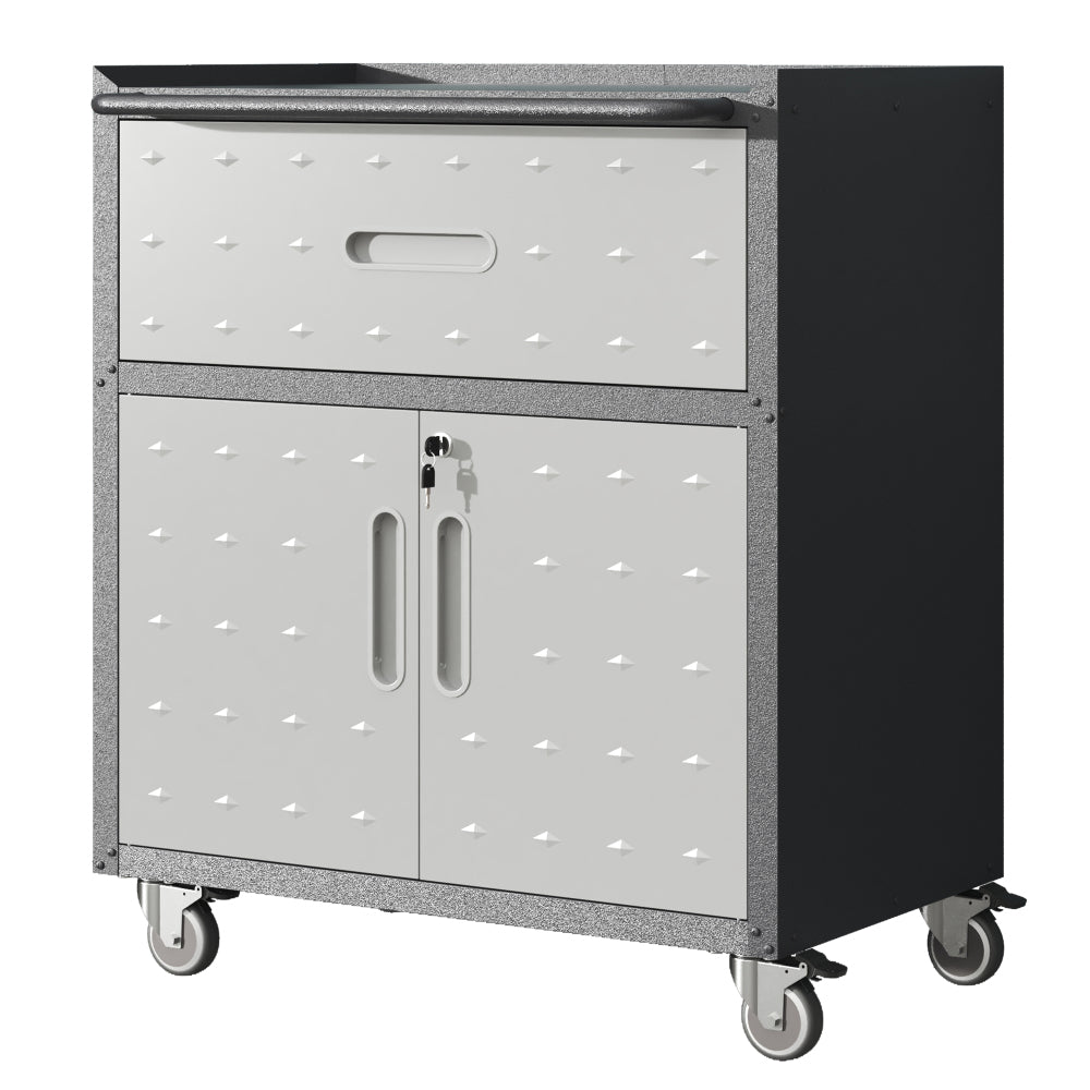 Sturdy and Durable Metal Tool Cabinet for Garage with Wheels - Mobile Heavy-Duty Storage Cabinet with 1 Drawer and 2 Locking Doors, Rolling Tool Storage Cabinet, Black and Gray