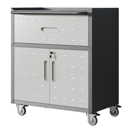 Sturdy and Durable Metal Tool Cabinet for Garage with Wheels - Mobile Heavy-Duty Storage Cabinet with 1 Drawer and 2 Locking Doors, Rolling Tool Storage Cabinet, Black and Gray