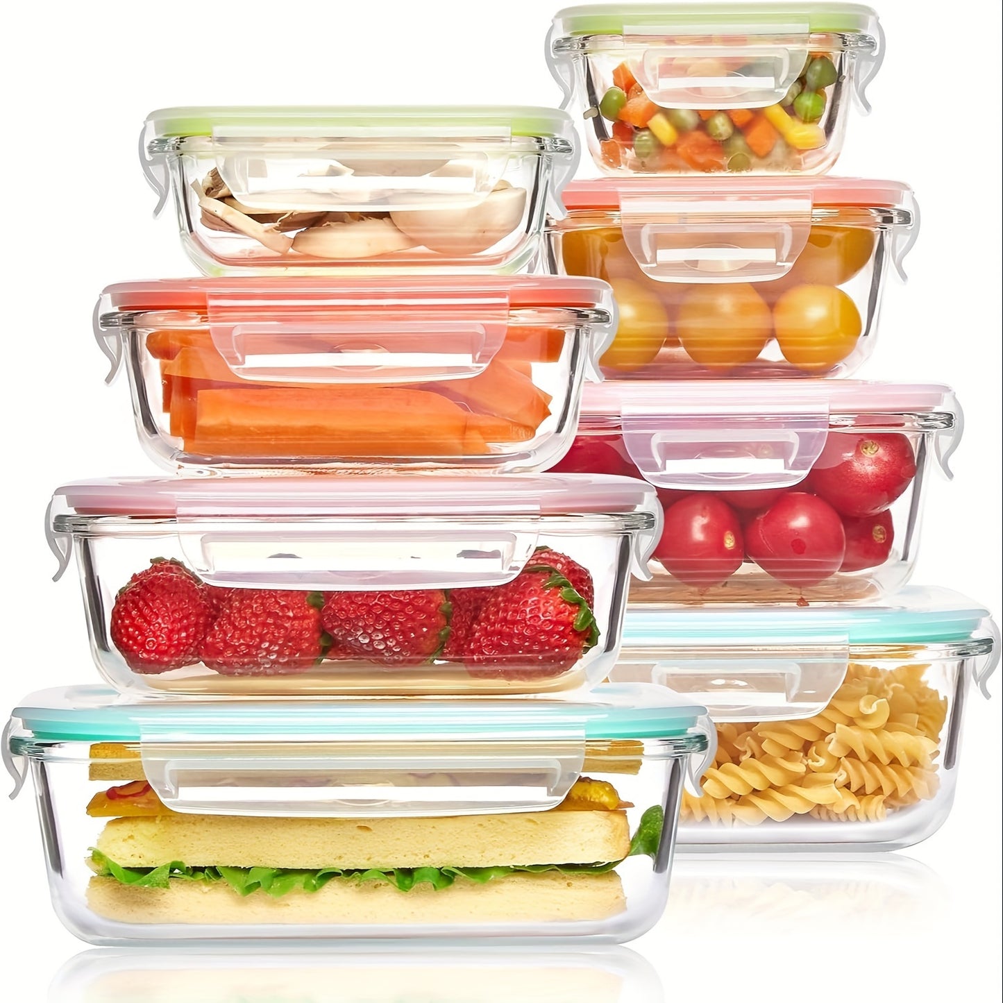 8-Piece glass food storage container, meal preparation, sealed bento box with leak-proof lock lid, suitable for microwave ovens, lunch boxes, ovens, refrigerators and dishwashers, free of BPA