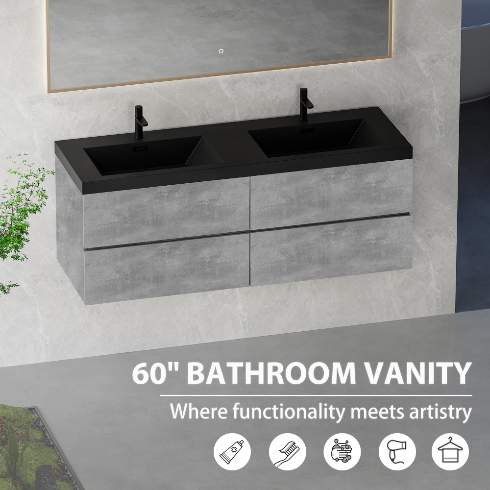 60" Floating Bathroom Vanity with Sink, Modern Wall-Mounted Bathroom Storage Vanity Cabinet with Double Black Quartz Sand Top Basins and Four Soft Close Drawers, EDI-Series Cement Grey 24V12-60GR