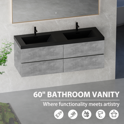 60" Floating Bathroom Vanity with Sink, Modern Wall-Mounted Bathroom Storage Vanity Cabinet with Double Black Quartz Sand Top Basins and Four Soft Close Drawers, EDI-Series Cement Grey 24V12-60GR