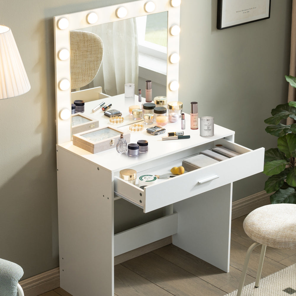 Vanity Desk with Mirror and Lights, Dressing Table with Large Drawer, 1 Level Storage Dresser & 3 Lighting Modes Adjustable Brightness, Suitable for Bedroom(White)