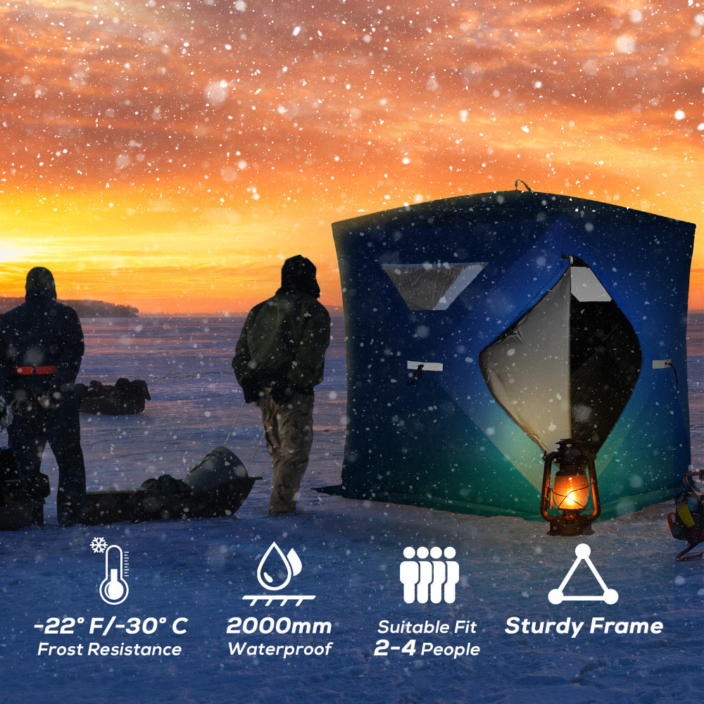 Outsunny 2-4 People Ice Fishing Shelter, Pop-Up Portable Ice Fishing Tent with Carry Bag, Two Doors, Windows and Vents, Ice Shanty for Winter Fishing, Blue