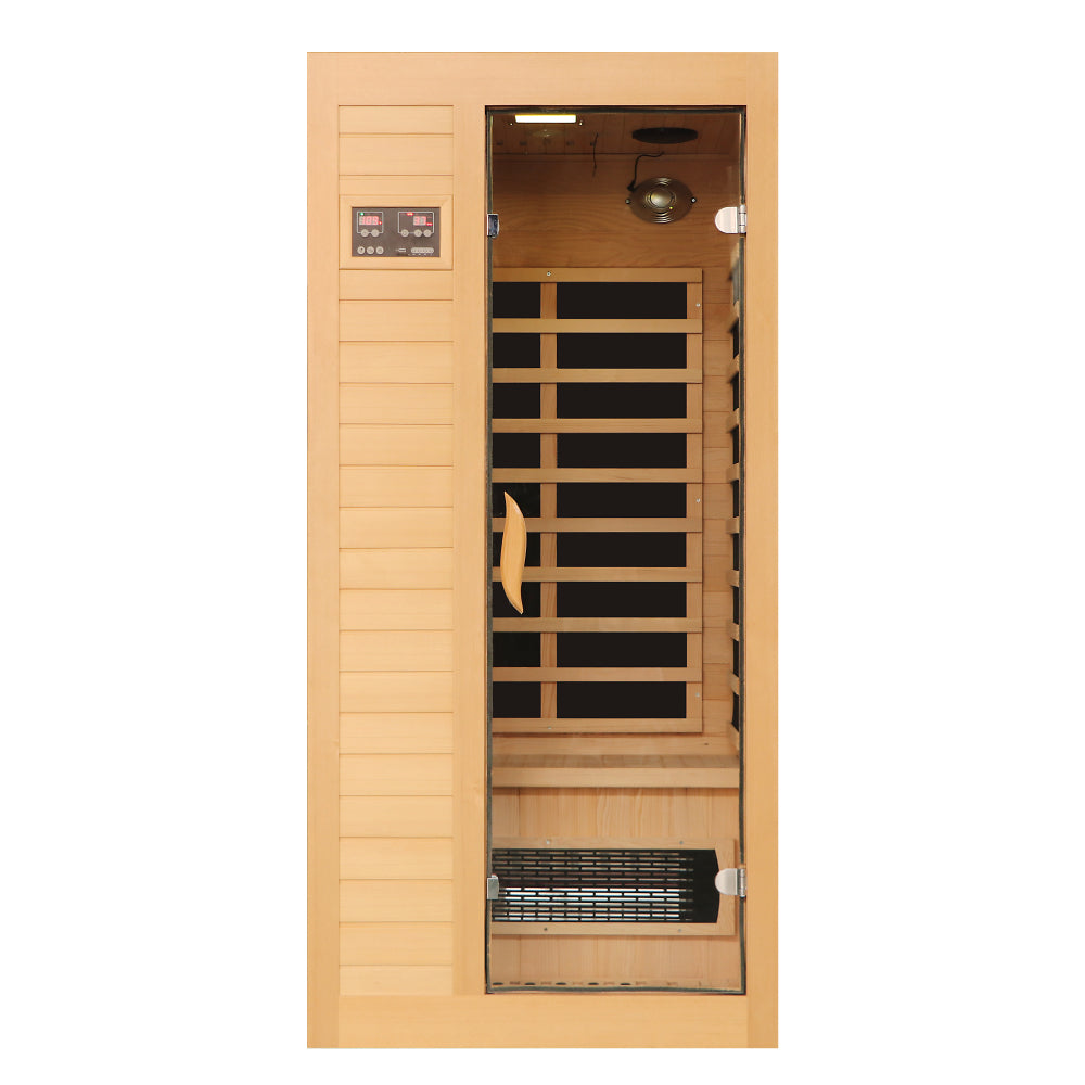 1 to 2 Person Hemlock Wood Low EMF FAR Infrared Sauna For Home with LED Control Panel and Tempered Glass Door