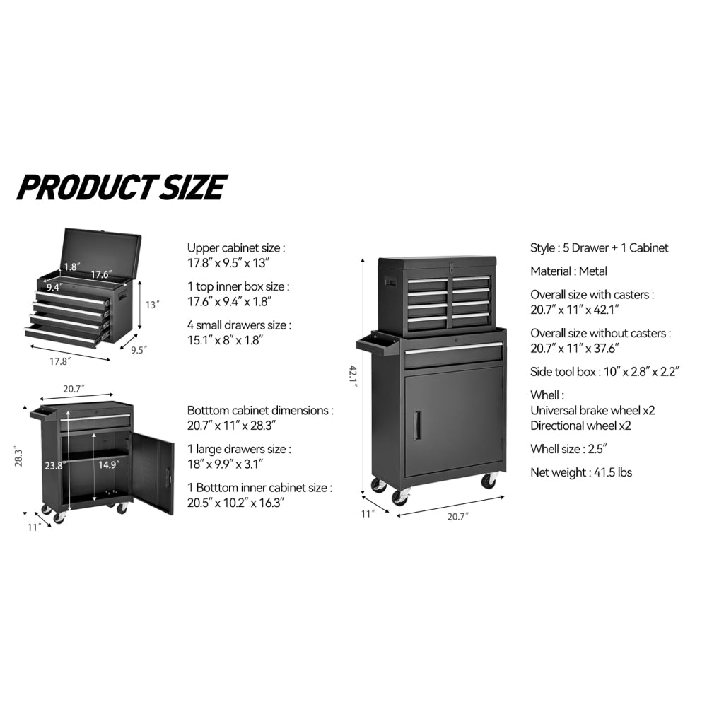 Tool Chest, 5-Drawer Rolling Tool Storage Cabinet with Detachable Top Tool Box, Liner, Universal Lockable Wheels, Adjustable Shelf, Locking Mechanism, Metal Tool Cart for Garage Workshop