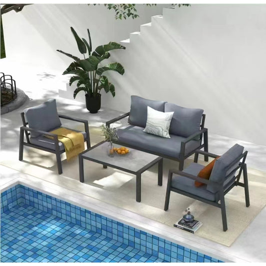 4-piece Aluminum Outdoor Patio Conversation Set,All-Weather Sectional Sofa Outside Furniture with  Removable Cushions and Tempered Glass Coffee Table for Courtyard,Poolside,Deck,Balcony(Grey)