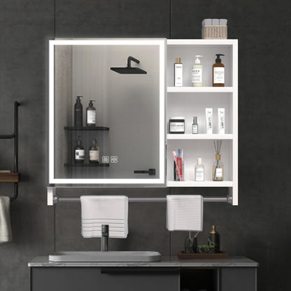 Modern 32 x 28 inches Aluminium Bathroom Cabinets, Medicine Cabinets with Mirrors and LED Lights, Bathroom Lockers with Multilevel Storage Compartments and Towel Rails