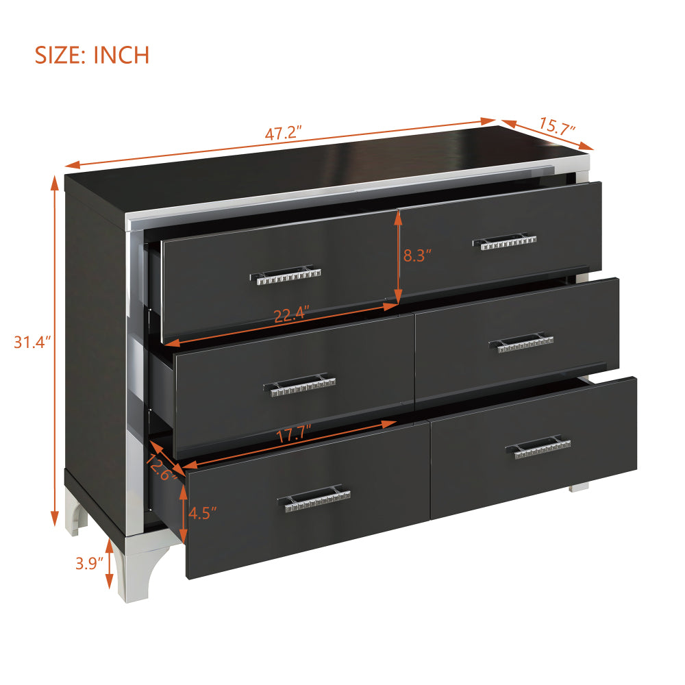 3-Pieces Sets,Dresser and Two Nightstands with Metal Handles and Mirror Decoration, Elegant and Subtle, Black