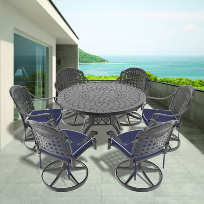 Ø47.24-inch Cast Aluminum Patio Dining Table With Black Frame and Carved Texture on the Tabletop
