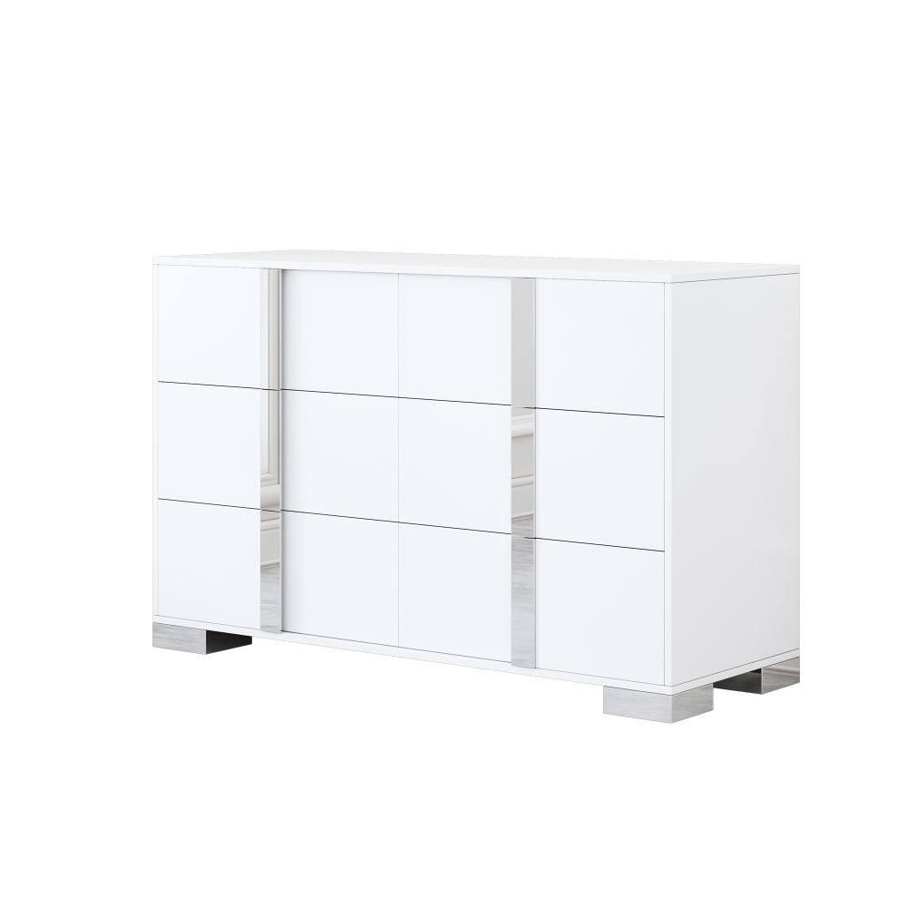 Elegant Modern Dresser with Metal Handle,Mirrored Storage Cabinet with 6 Drawers for Bedroom,Living Room,White