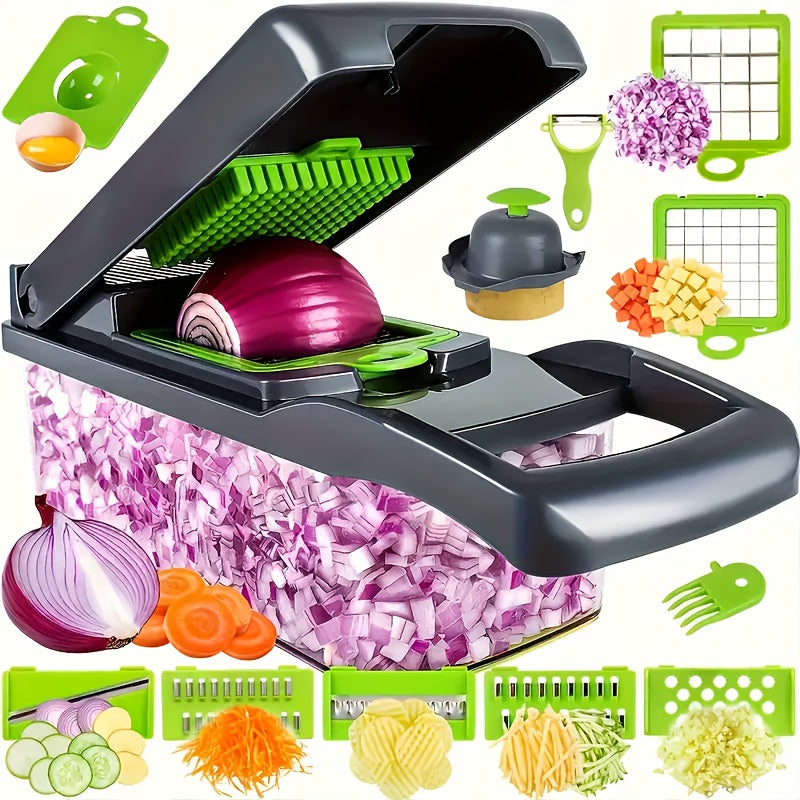 14/16 pieces/set, multi-function vegetable slicer, multi-purpose chopper, fruit and vegetable slicer, kitchen shredder, kitchen supplies, onion shredder, manual vegetable slicer with container and lid, potato shredder, kitchen supplies