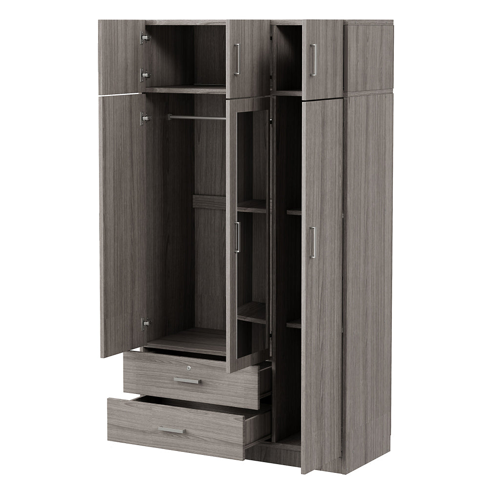 3-Door Mirror  Wardrobe with 2 Drawers and Top Cabinet,Gray