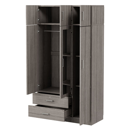 3-Door Mirror  Wardrobe with 2 Drawers and Top Cabinet,Gray
