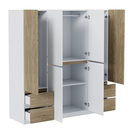 6-Doors Wooden Wardrobe Storage for Bedroom,with 4 Drawers,White+Nature