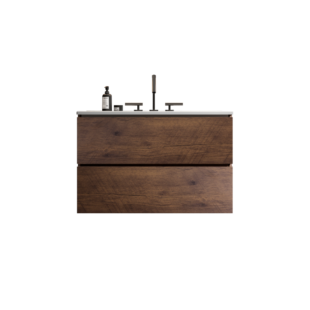 Wall Mount 30" Walnut Bathroom Vanity with Ceramic Sink with three faucet holes, Large Storage Floating Bathroom Vanity for Modern Bathroom, One-Piece Sink Basin without Drain, Pre-assembled