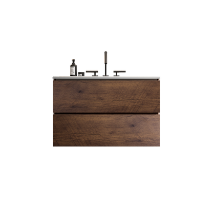 Wall Mount 30" Walnut Bathroom Vanity with Ceramic Sink with three faucet holes, Large Storage Floating Bathroom Vanity for Modern Bathroom, One-Piece Sink Basin without Drain, Pre-assembled