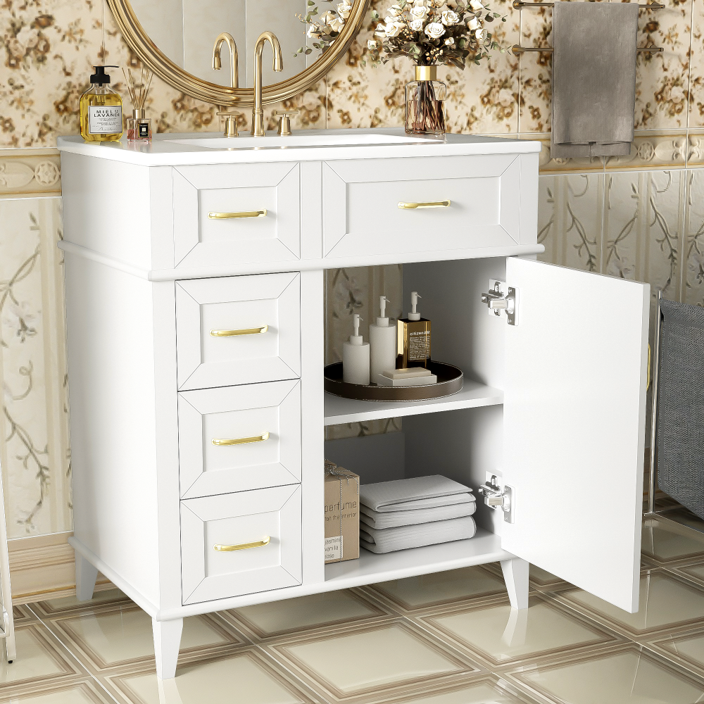 30-Inch Bathroom Vanity with Ceramic Sink, Adjustable Shelf, Soft Close Door, and Three Soft Close Drawers