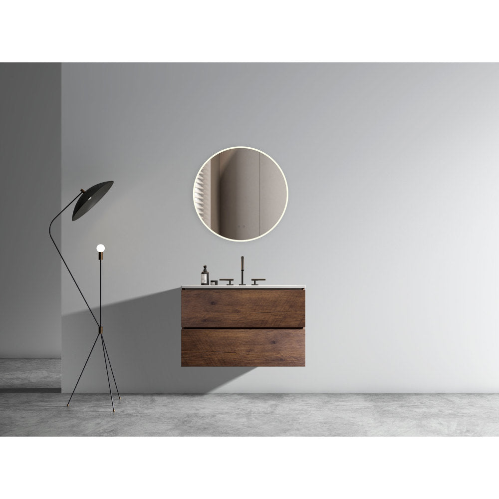 Wall Mount 30" Walnut Bathroom Vanity with Ceramic Sink with three faucet holes, Large Storage Floating Bathroom Vanity for Modern Bathroom, One-Piece Sink Basin without Drain, Pre-assembled