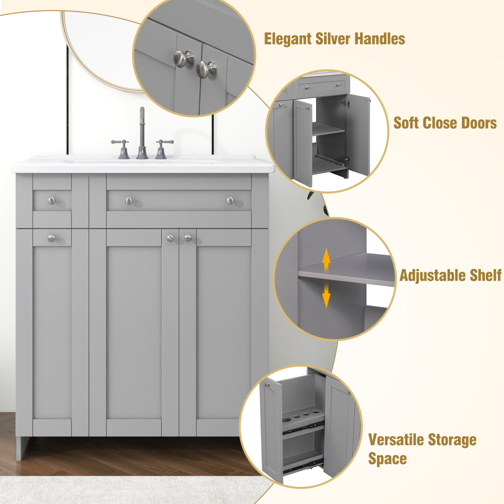 30-Inch Grey Bathroom Vanity with Ceramic Sink Combo, Abundant Storage Cabinet - 2 Soft-close Doors and Double-tier Deep Drawer