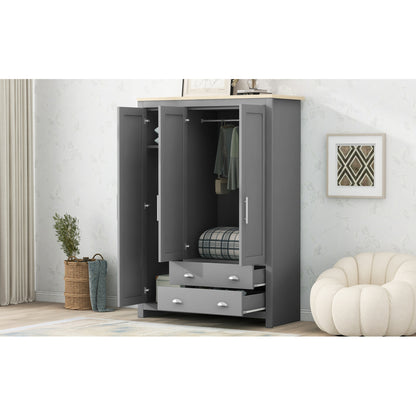 Three Door Storage Wardrobe with Cabinets and Two Hanging Rods,Gray
