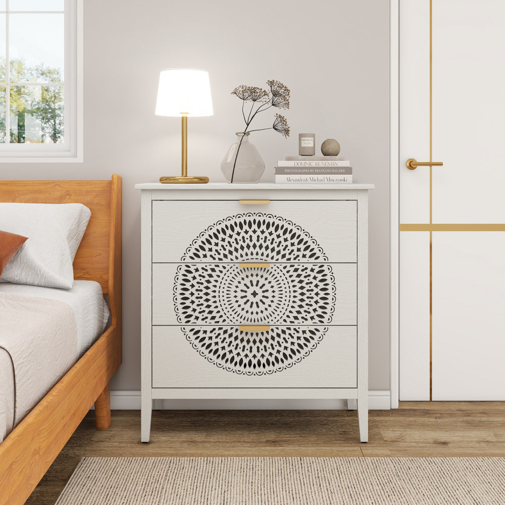 3 Drawer Cabinet with Hollow-Carved 3 Drawer Dresser Storage Chest with Metal Handles For Entryway Living Room Bedroom