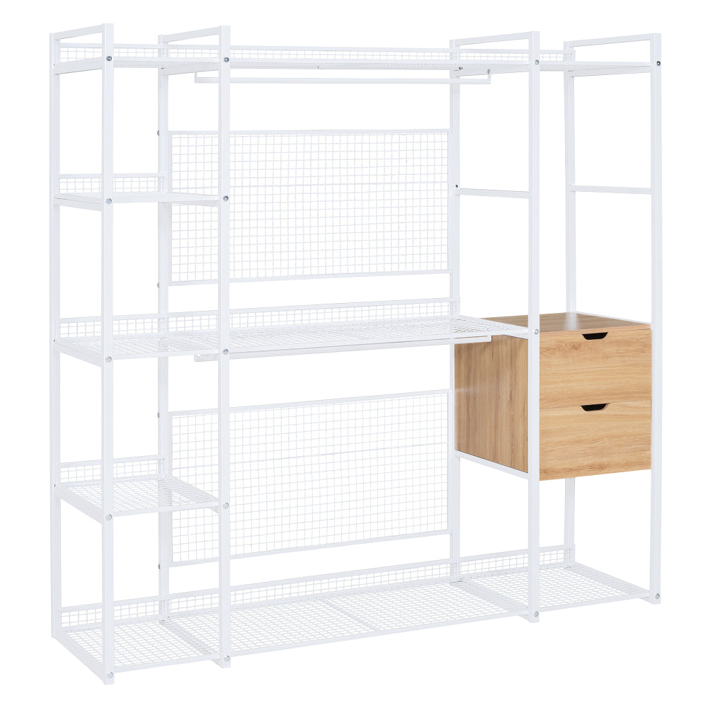 Open-Style Wardrobe with Hanging Rails, Shelves and Drawers, White