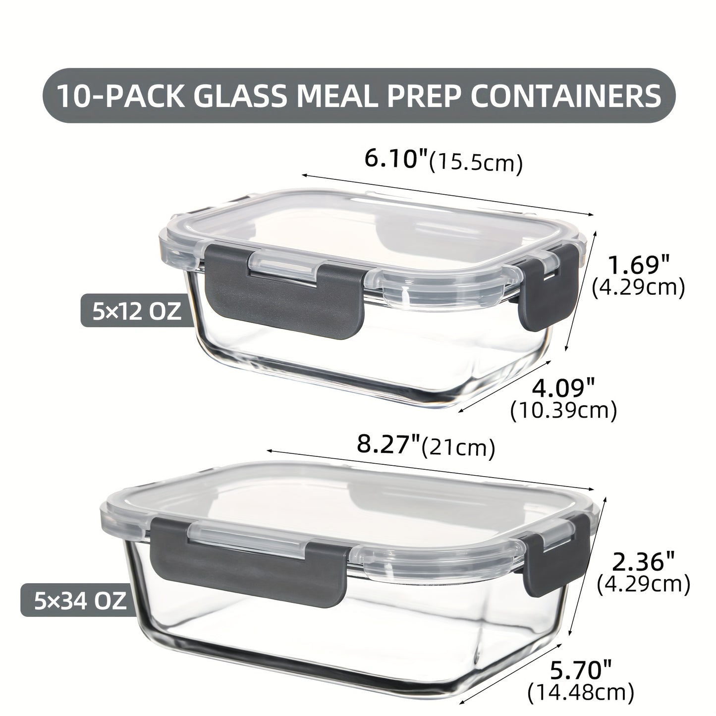 10-Piece Glass Food Storage Container, Sealed Glass Lunch Container, Stackable Glass Food Storage Container Set with Lid for Microwave, Oven, Freezer and Dishwasher