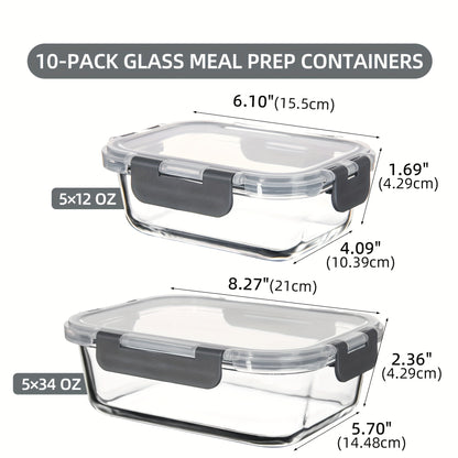 10-Piece Glass Food Storage Container, Sealed Glass Lunch Container, Stackable Glass Food Storage Container Set with Lid for Microwave, Oven, Freezer and Dishwasher