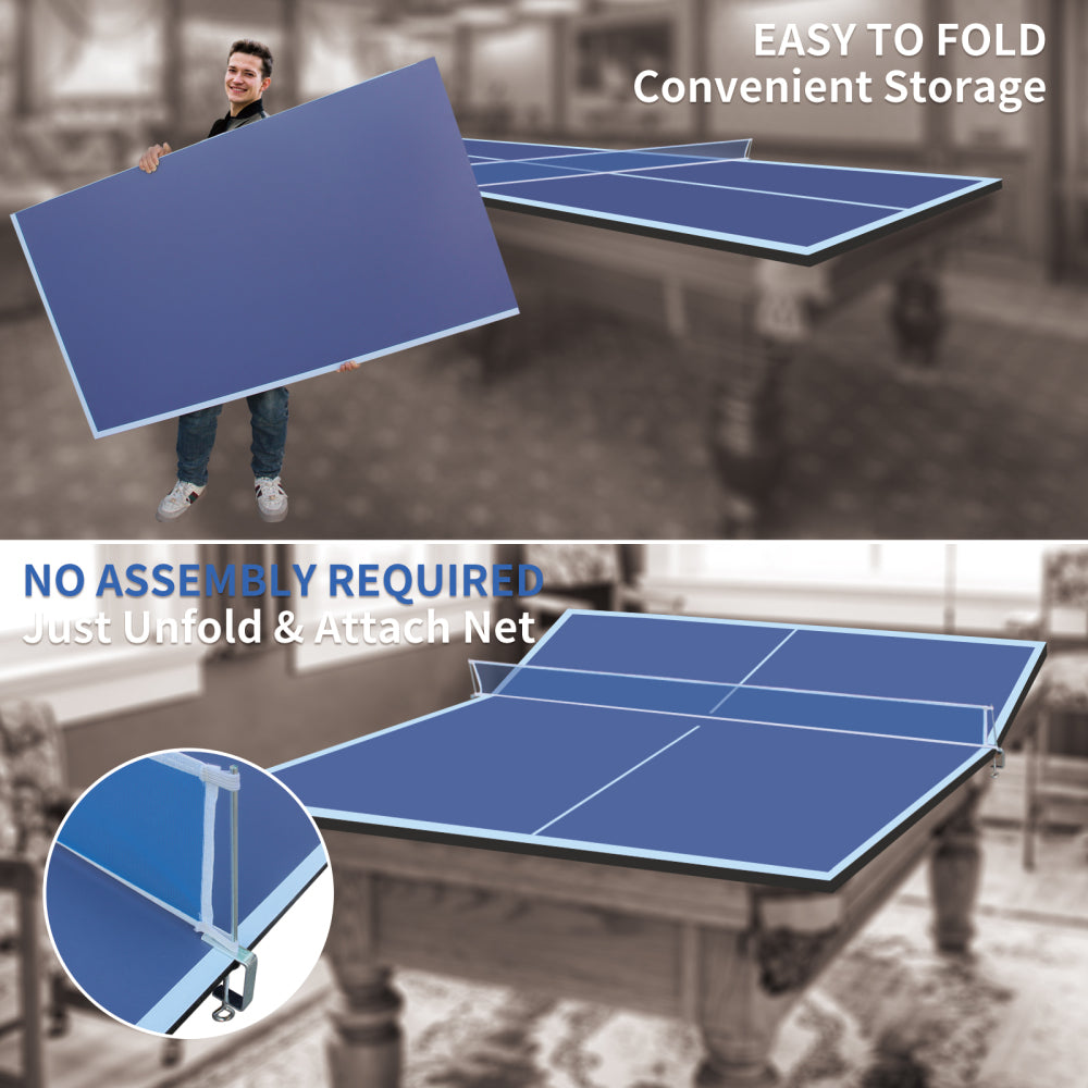 9ft Blue Mid-Size Ping Pong Conversion Top Foldable & Portable Table Tennis Table Top for Indoor Games
