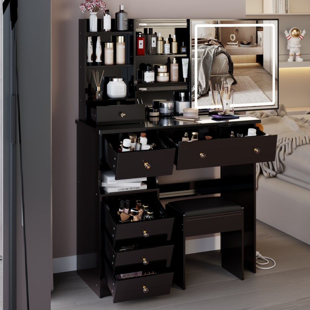 37" Middle Size Left Drawer Desktop Vanity Table + Cushioned Stool Dresser Set, 2 AC+2 USB Socket, Hair Dryer Stand, Large Touch Control LED Sliding Mirror, 3-color Switch, EPA, GCC, UL Certificate