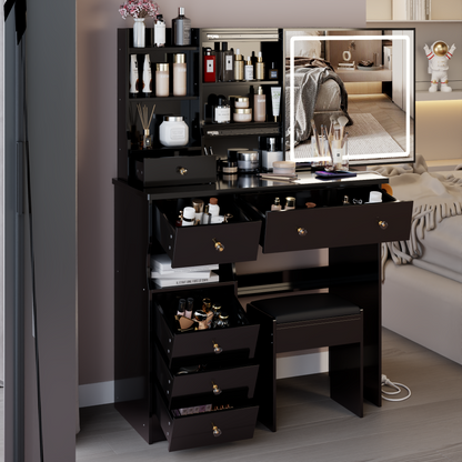 37" Middle Size Left Drawer Desktop Vanity Table + Cushioned Stool Dresser Set, 2 AC+2 USB Socket, Hair Dryer Stand, Large Touch Control LED Sliding Mirror, 3-color Switch, EPA, GCC, UL Certificate