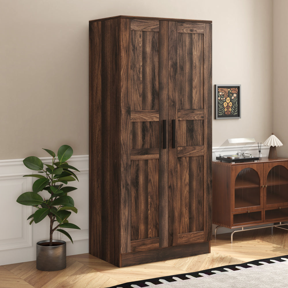 2-Door Wooden Wardrobe Armoire with LED and 4 Storage Shelves, Brown