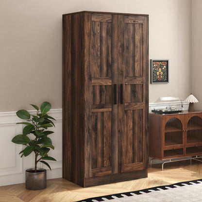 2-Door Wooden Wardrobe Armoire with LED and 4 Storage Shelves, Brown