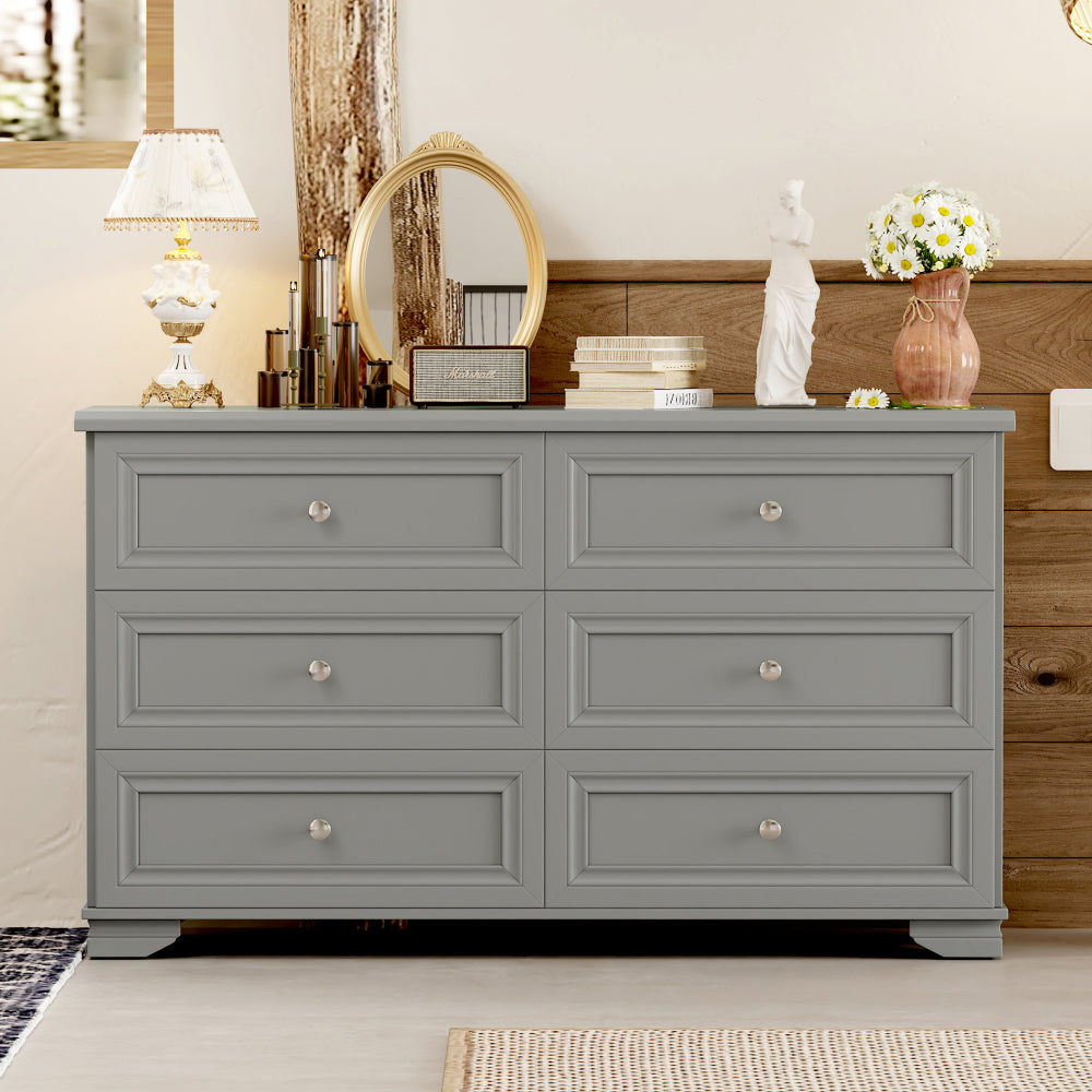 6 Drawers Elegant Design Wooden Dresser, Retro Style Storage Cabinet with Metal Handles for Bedroom, Gray