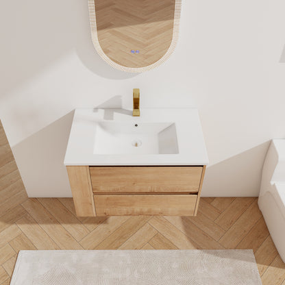 30" Wall Mounting Bathroom Vanity With Ceramic Sink, 2-Soft Close Drawer