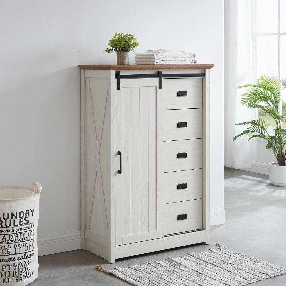 5 Drawers Dresser w/Sliding Barn Door, Farmhouse Modern Tall Dresser 5 Chest of Drawers, Storage Organizer Dresser for Bedroom, Hallway, Living Room, Kids Room WHITE