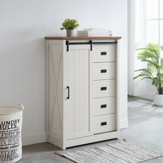 5 Drawers Dresser w/Sliding Barn Door, Farmhouse Modern Tall Dresser 5 Chest of Drawers, Storage Organizer Dresser for Bedroom, Hallway, Living Room, Kids Room WHITE
