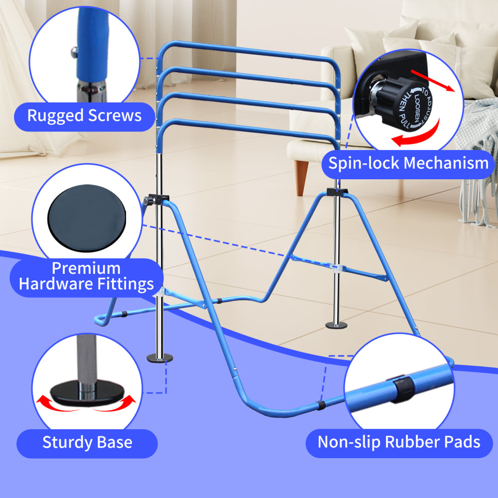 Expandable Gymnastics Bar for Kids - Height Adjustable Junior Training Bar for Home, Folding Gymnastic Horizontal Bars Equipment Blue