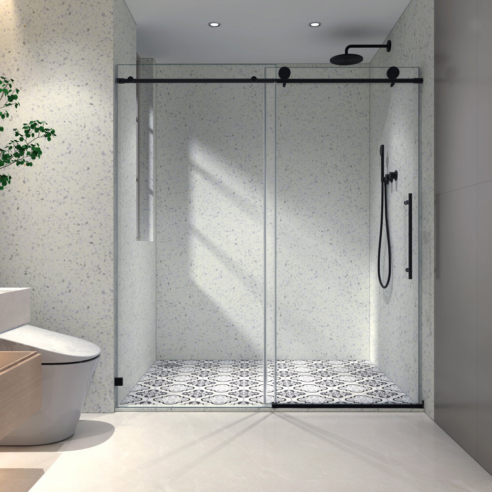6063 Chrome frameless one fixed and one shifted Shower Door, 70MM 304 stainless steel large pulleys with adjustable soft closing function,with nano easy cleaning and stick explosion-proof menbrance