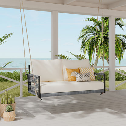 TREXM 1-Piece Woven Rope Outdoor Swing Sofa with Soft Cushions Seating 2 for Patio, Courtyard and Balcony (Light Grey)